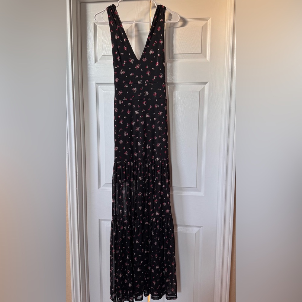 Black Floral Maxi Skirt with Pink Detail